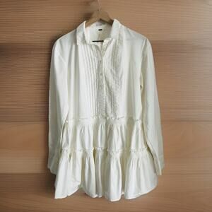 FREE PEOPLE Size Large Billie Mini Dress White Tiered Pleated Cotton Cottagecore